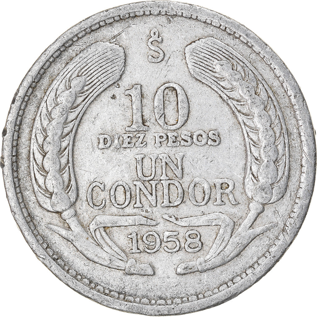 Moneda, Chile, 10 Pesos, 1958, MBC, Aluminio, KM:181