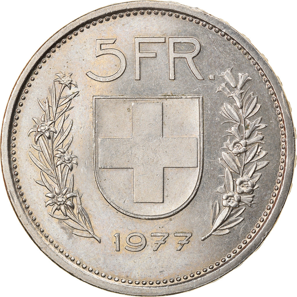 Coin, Switzerland, 5 Francs, 1977, Bern, EF(40-45), Copper-nickel, KM:40a.1