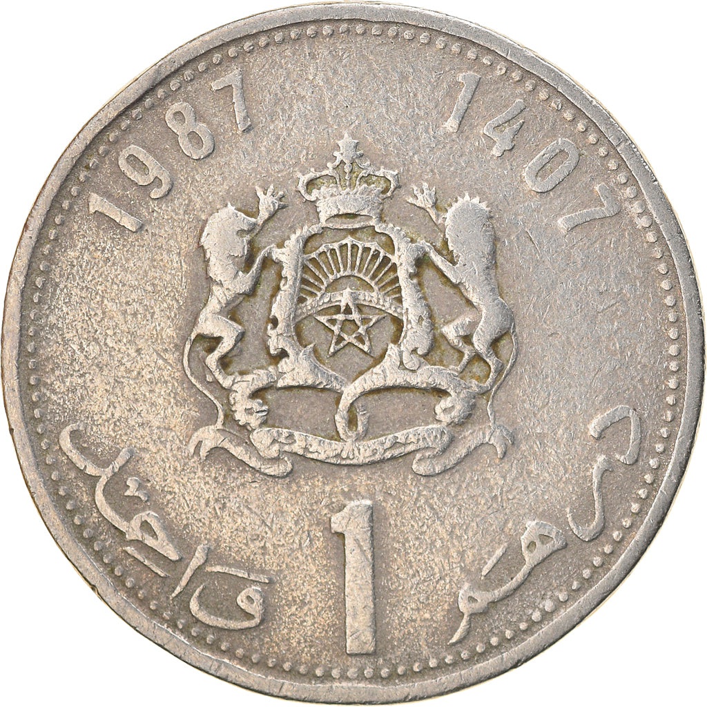 Coin, Morocco, al-Hassan II, Dirham, 1987/AH1407, VF(30-35), Copper-nickel
