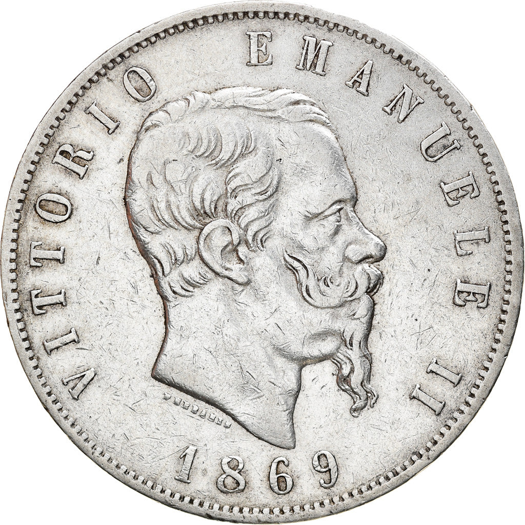 Coin, Italy, Vittorio Emanuele II, 5 Lire, 1869, Milan, EF(40-45), Silver