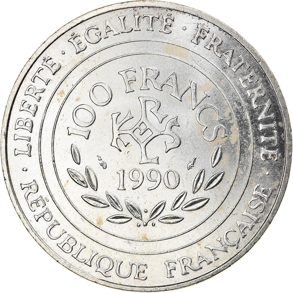 Coin, France, Charlemagne, 100 Francs, 1990, MS(60-62), Silver, KM:982