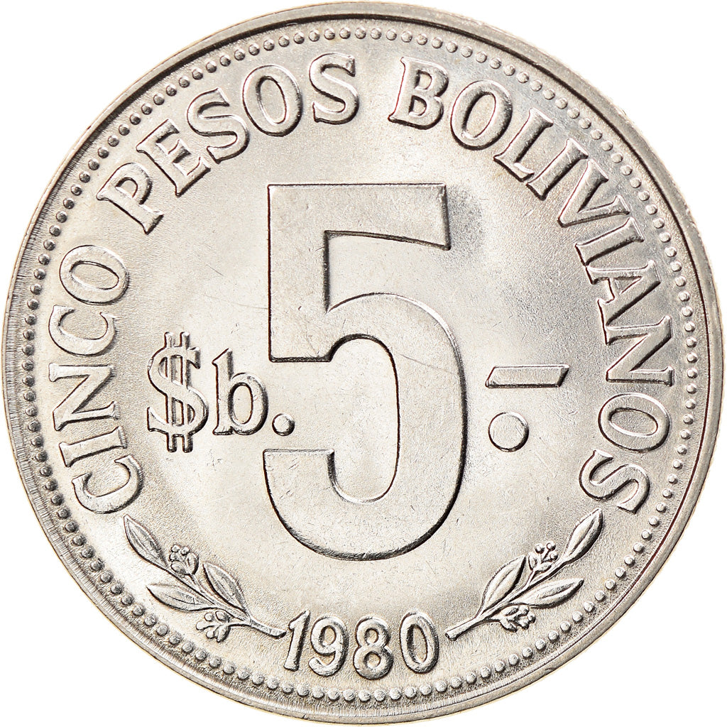 Munten, Bolivia, 5 Pesos Bolivianos, 1980, UNC-, Nickel Clad Steel, KM:197