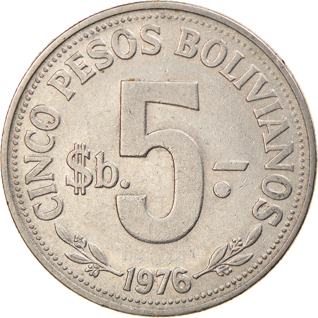 Moneda, Bolivia, 5 Pesos Bolivianos, 1976, MBC, Níquel recubierto de acero