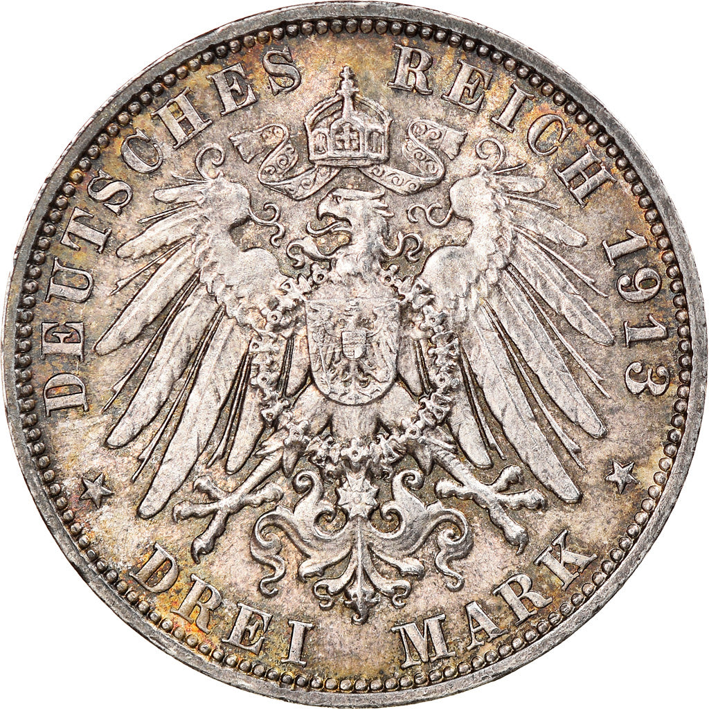 Moeda, Estados Alemães, SAXONY-ALBERTINE, Friedrich August III, 3 Mark, 1913