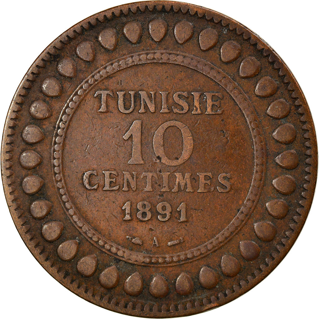 Coin, Tunisia, Ali Bey, 10 Centimes, 1891, Paris, EF(40-45), Bronze, KM:222