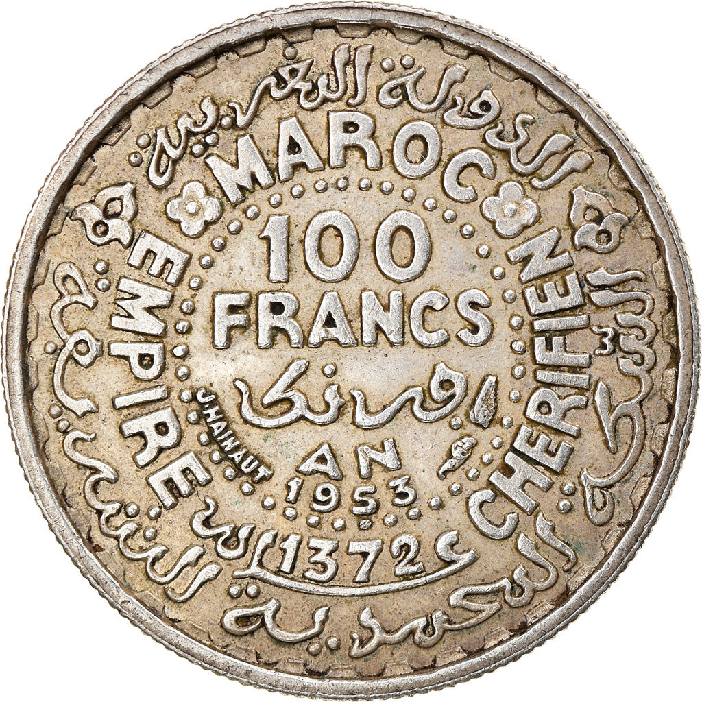 Coin, Morocco, Mohammed V, 100 Francs, 1953, Paris, EF(40-45), Silver, KM:52