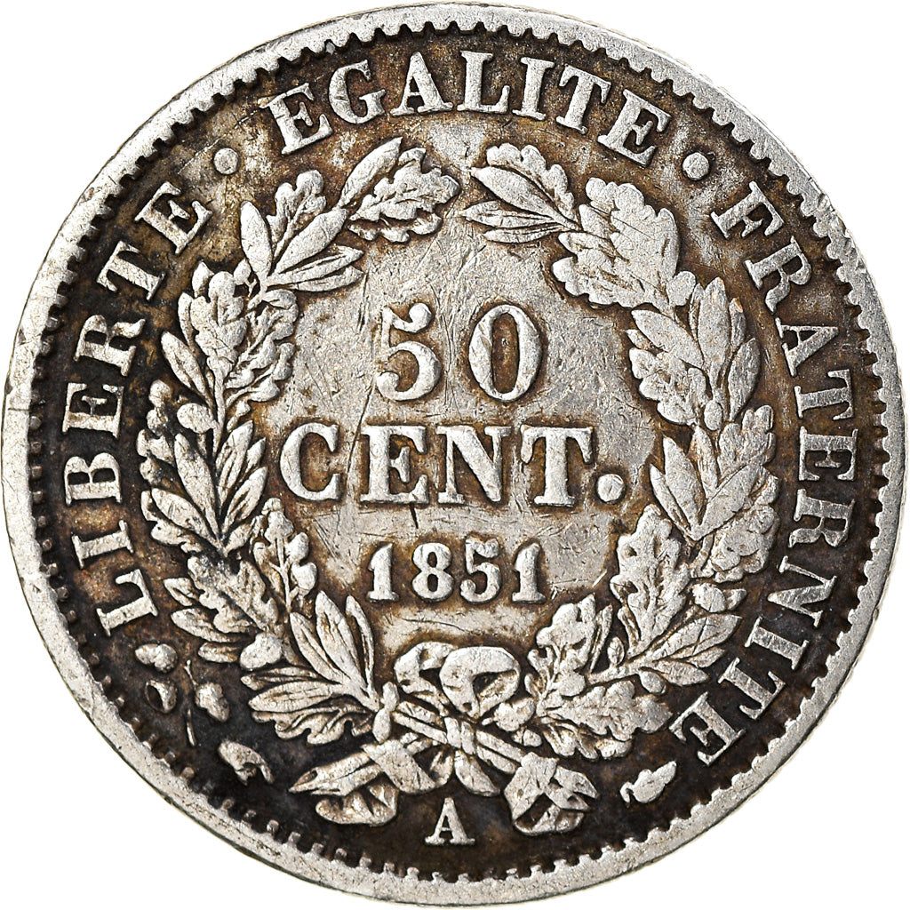 Munten, Frankrijk, 50 Centimes, 1851, Paris, FR+, Zilver, KM:769.1, Gadoury:411
