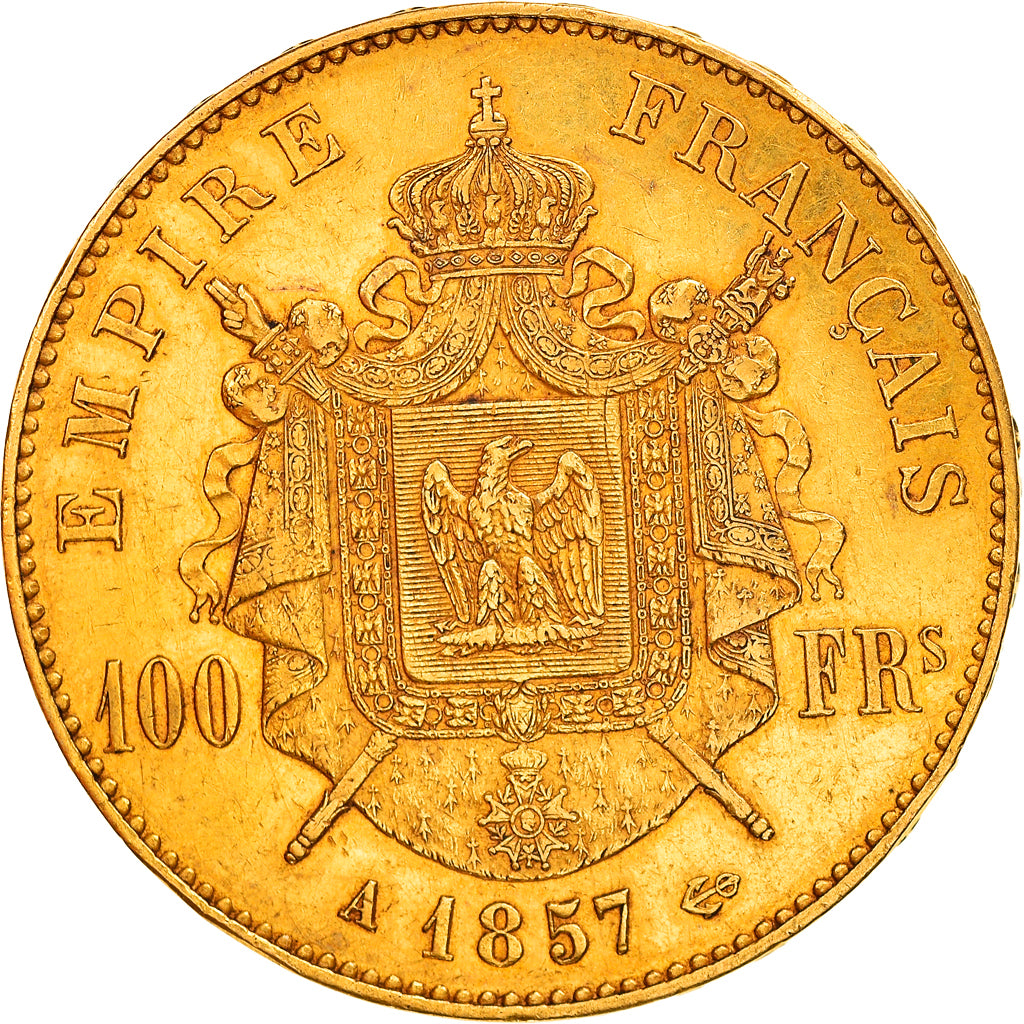 Moneta, Francia, Napoleon III, 100 Francs, 1857, Paris, BB, Oro, KM:786.1