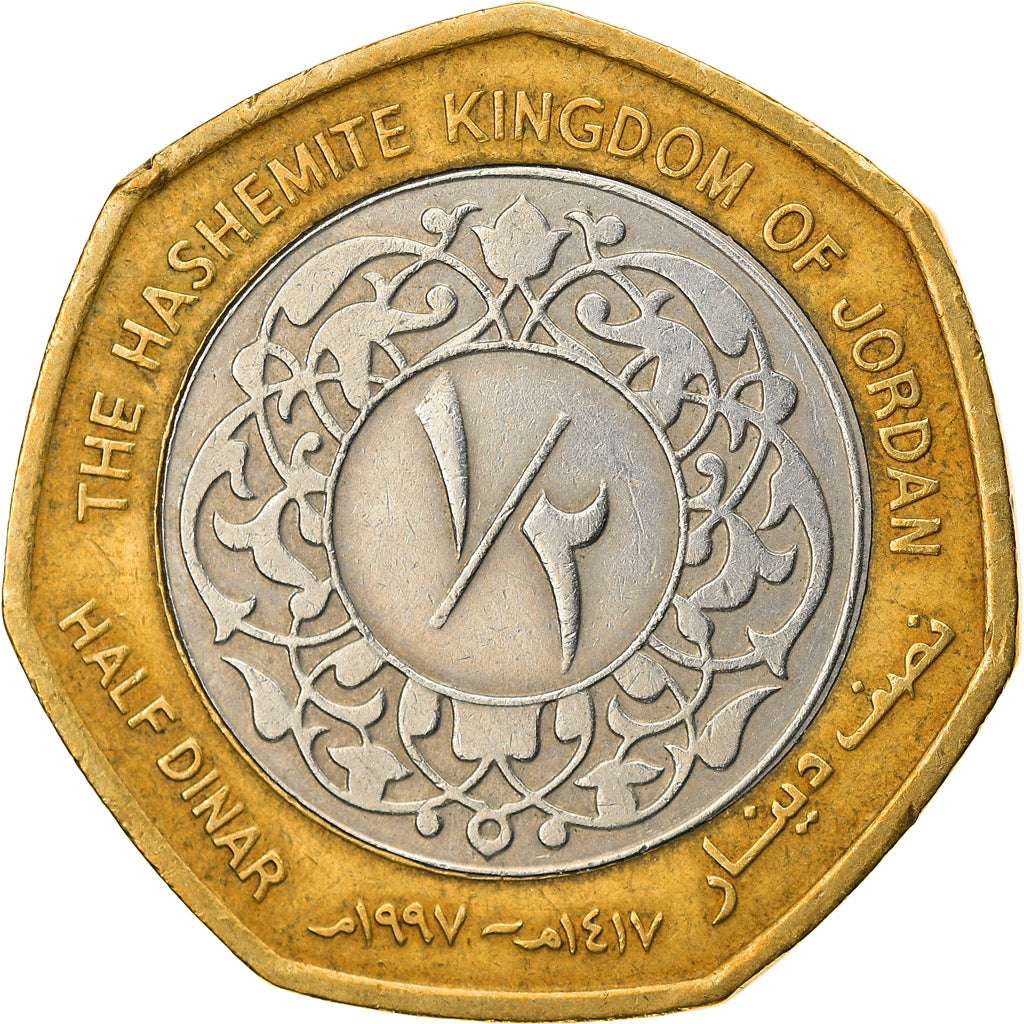 Coin, Jordan, Hussein, 1/2 Dinar, 1997/AH1417, EF(40-45), Bi-Metallic, KM:63