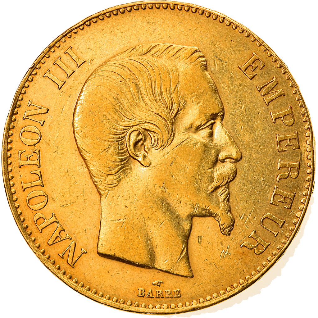 Moneta, Francia, Napoleon III, 100 Francs, 1858, Paris, BB+, Oro, KM:786.1