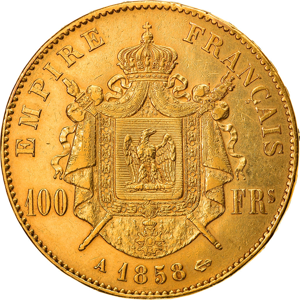 Moneta, Francia, Napoleon III, 100 Francs, 1858, Paris, BB+, Oro, KM:786.1