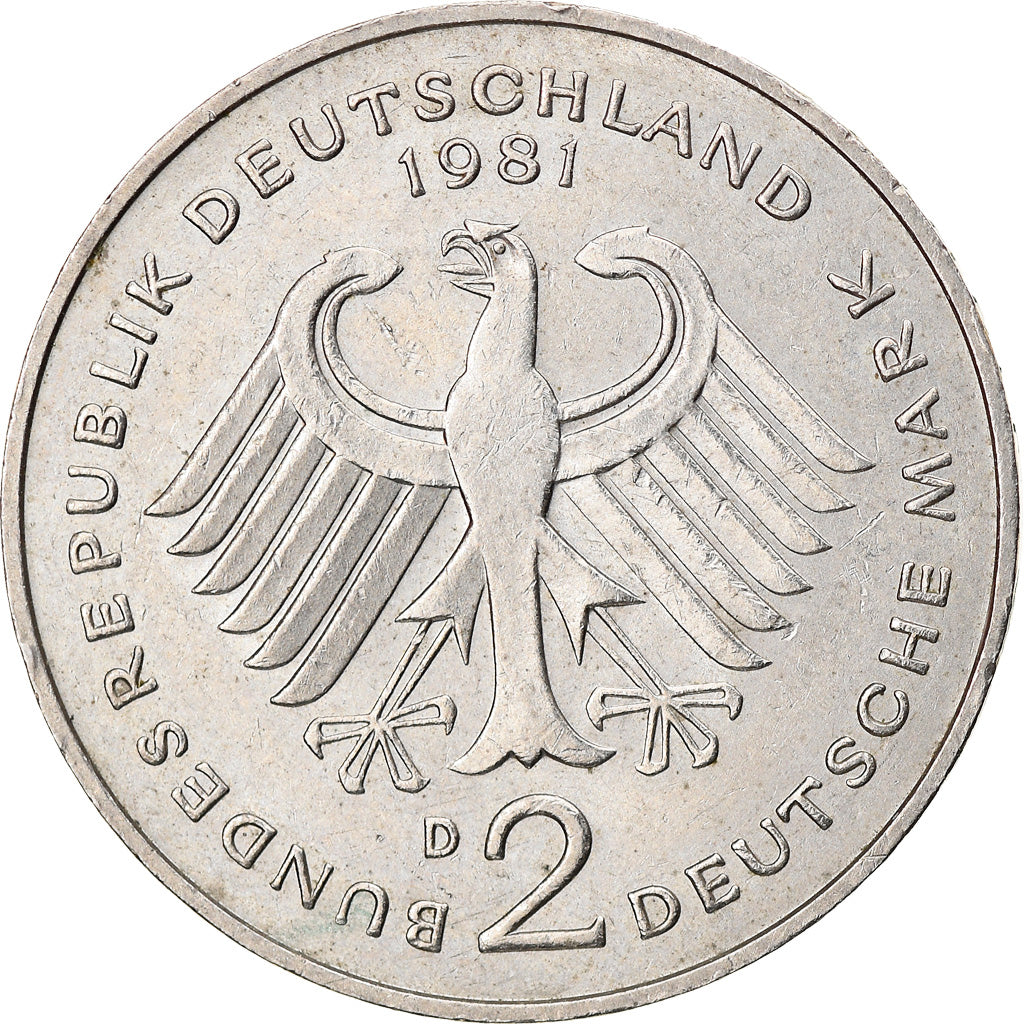 Coin, GERMANY - FEDERAL REPUBLIC, 2 Mark, 1981, Munich, EF(40-45), Copper-Nickel