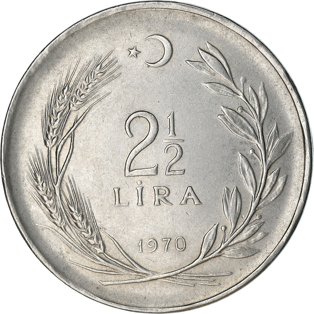 Coin, Turkey, 2-1/2 Lira, 1970, AU(50-53), Stainless Steel, KM:893.2