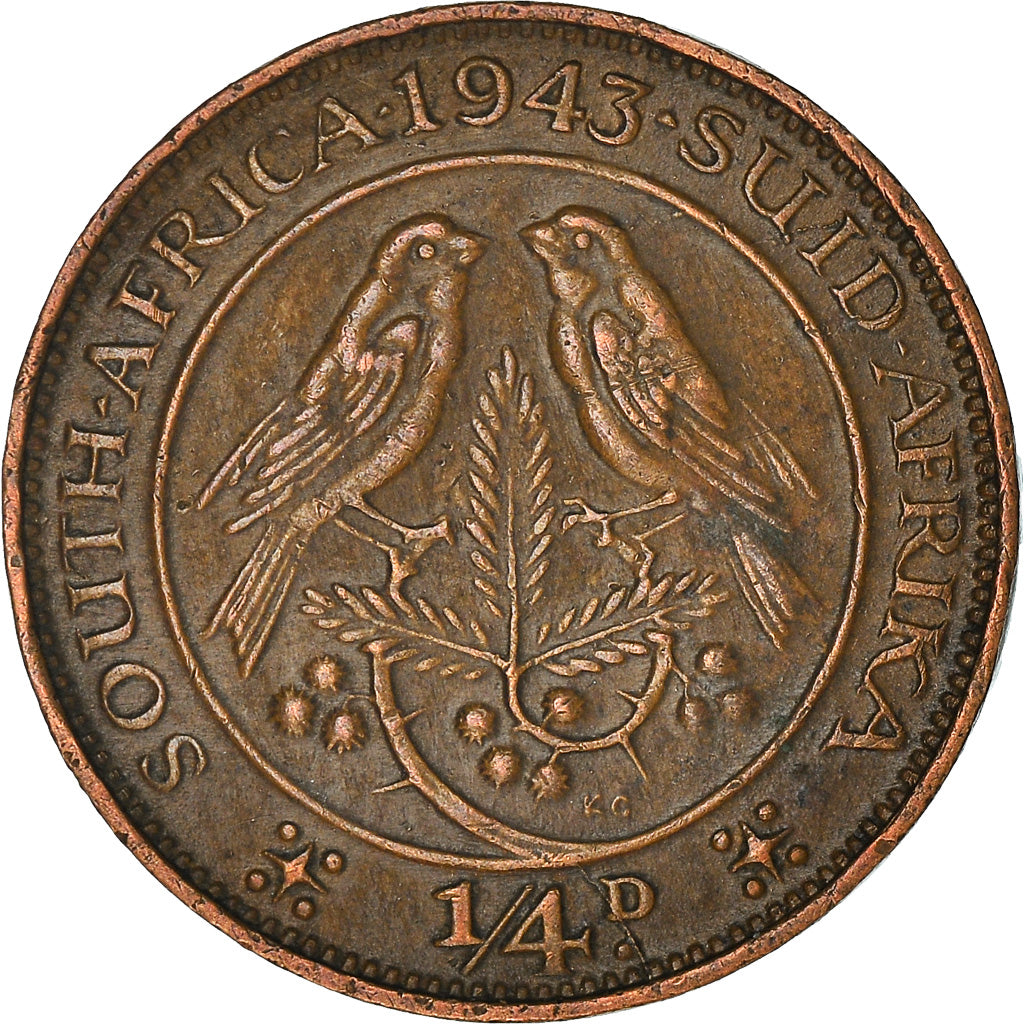 Moneda, Sudáfrica, George VI, 1/4 Penny, Farthing, 1943, MBC+, Bronce, KM:23