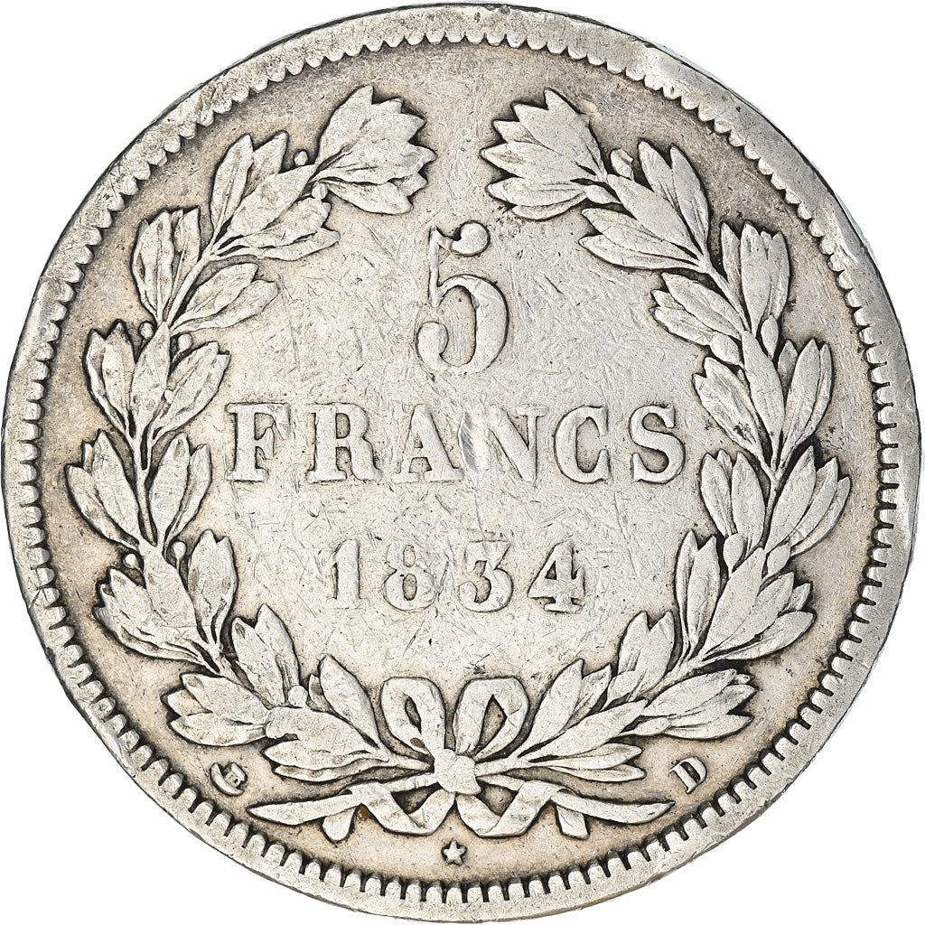 Monnaie, France, Louis-Philippe, 5 Francs, 1834, Lyon, TB, Argent, Gadoury:678