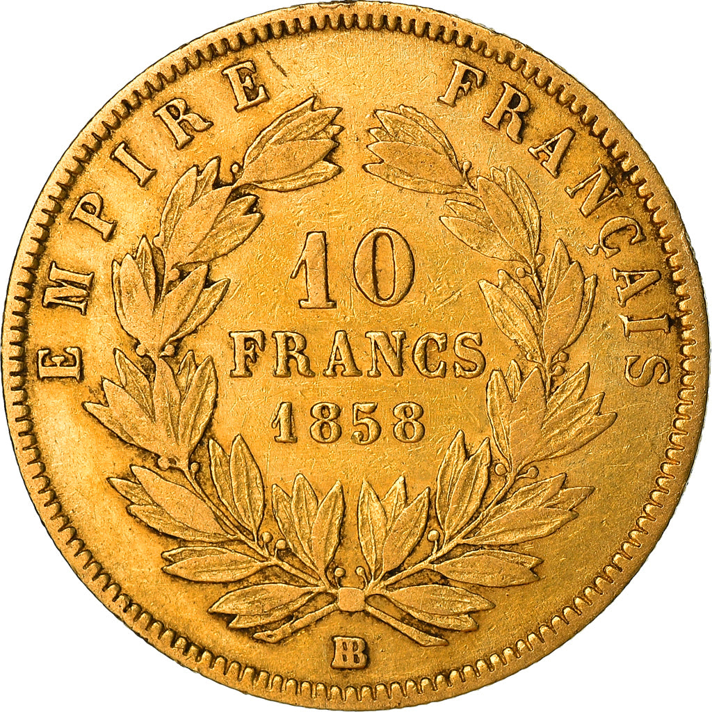 Moneda, Francia, Napoléon III, 10 Francs, 1858, Strasbourg, BC+, Oro, KM:784.4
