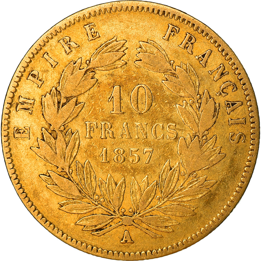 Moneda, Francia, Napoléon III, 10 Francs, 1857, Paris, BC+, Oro, KM:784.3