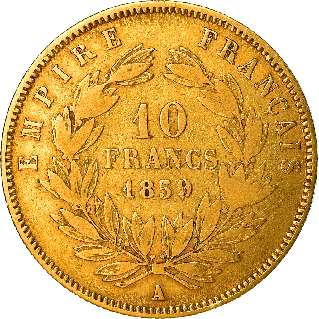 Moneda, Francia, Napoléon III, 10 Francs, 1859, Paris, BC+, Oro, KM:784.3