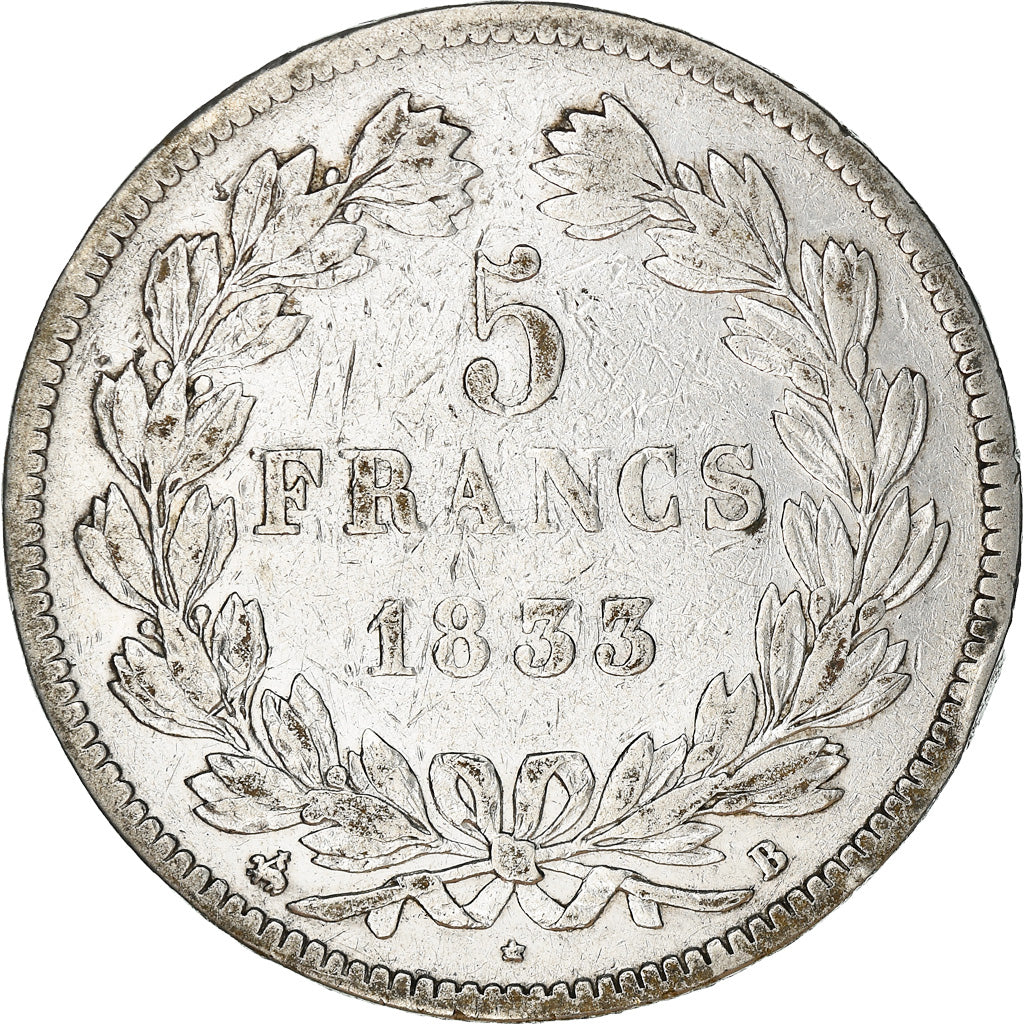 Moeda, França, Louis-Philippe, 5 Francs, 1833, Rouen, VF(30-35), Prata