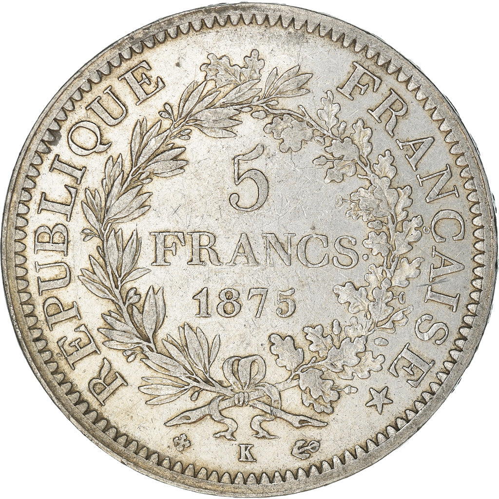 Moneda, Francia, Hercule, 5 Francs, 1875, Bordeaux, MBC+, Plata, KM:820.2