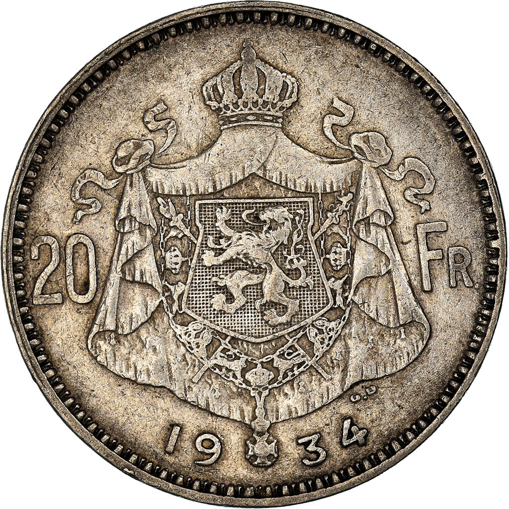Coin, Belgium, Albert I, 20 Francs, 20 Frank, 1934, EF(40-45), Silver, KM:103.1