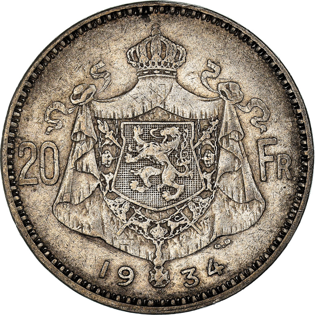 Coin, Belgium, Albert I, 20 Francs, 20 Frank, 1934, EF(40-45), Silver, KM:103.1