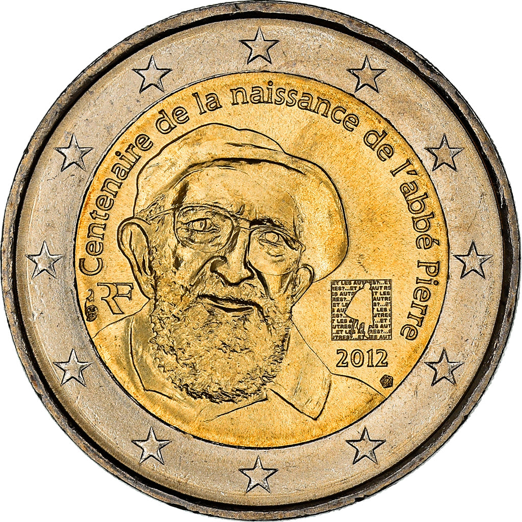 France, 2 Euro, Abbé Pierre, 2012, Paris, MS(60-62), Bi-Metallic, Gadoury:15