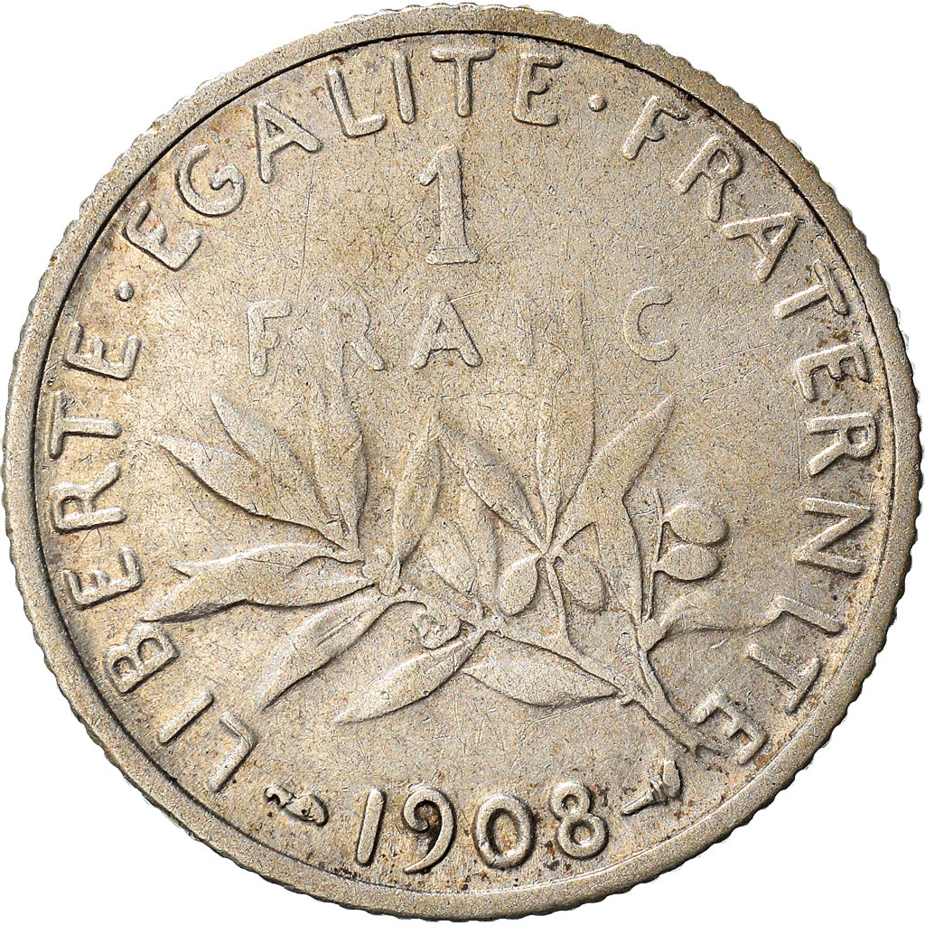Coin, France, Semeuse, Franc, 1908, Paris, VF(20-25), Silver, KM:844.1