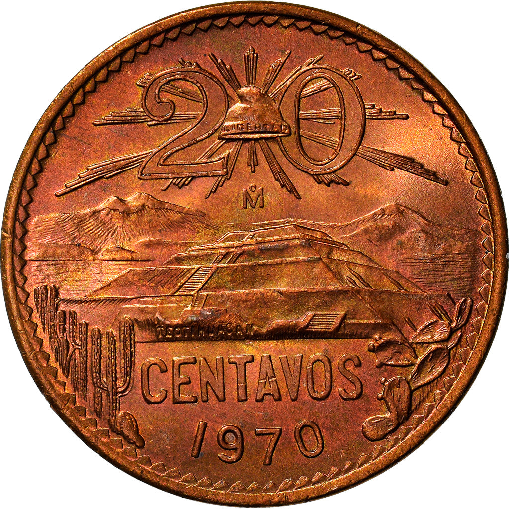Moneta, Messico, 20 Centavos, 1970, Mexico City, SPL-, Bronzo, KM:440