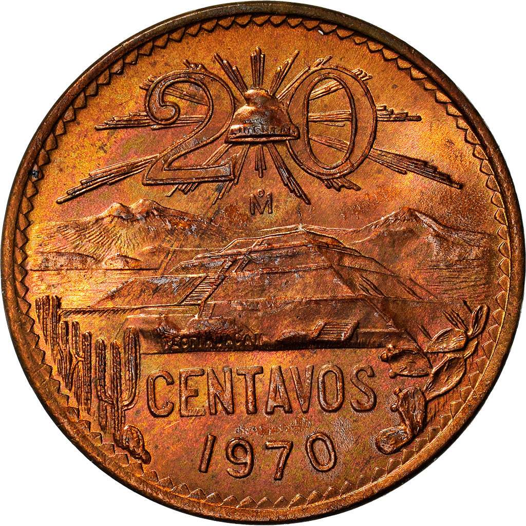 Coin, Mexico, 20 Centavos, 1970, Mexico City, AU(55-58), Bronze, KM:440