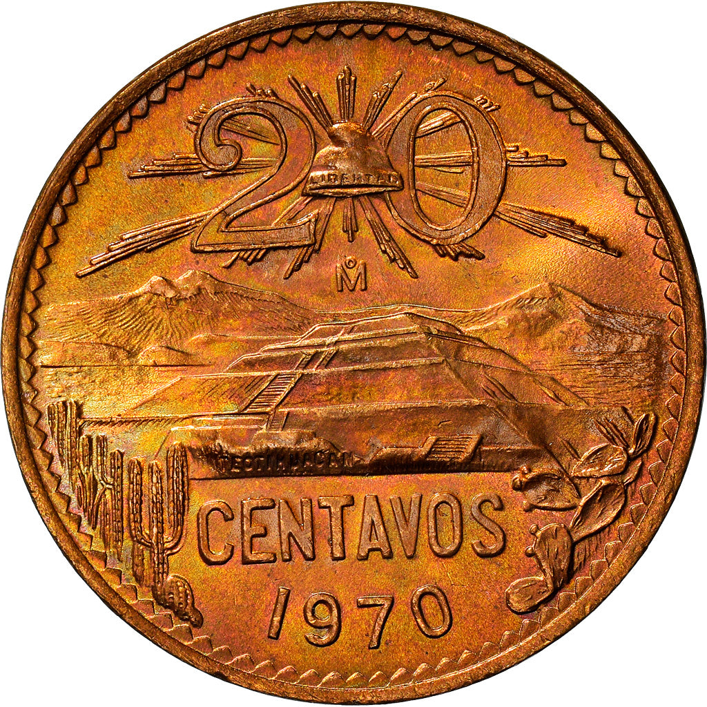 Coin, Mexico, 20 Centavos, 1970, Mexico City, AU(55-58), Bronze, KM:440
