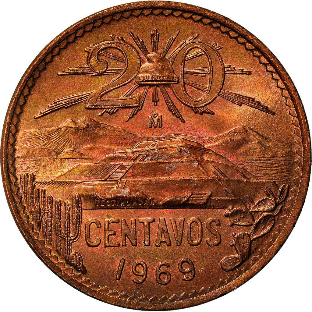 Moneda, México, 20 Centavos, 1969, Mexico City, EBC, Bronce, KM:440