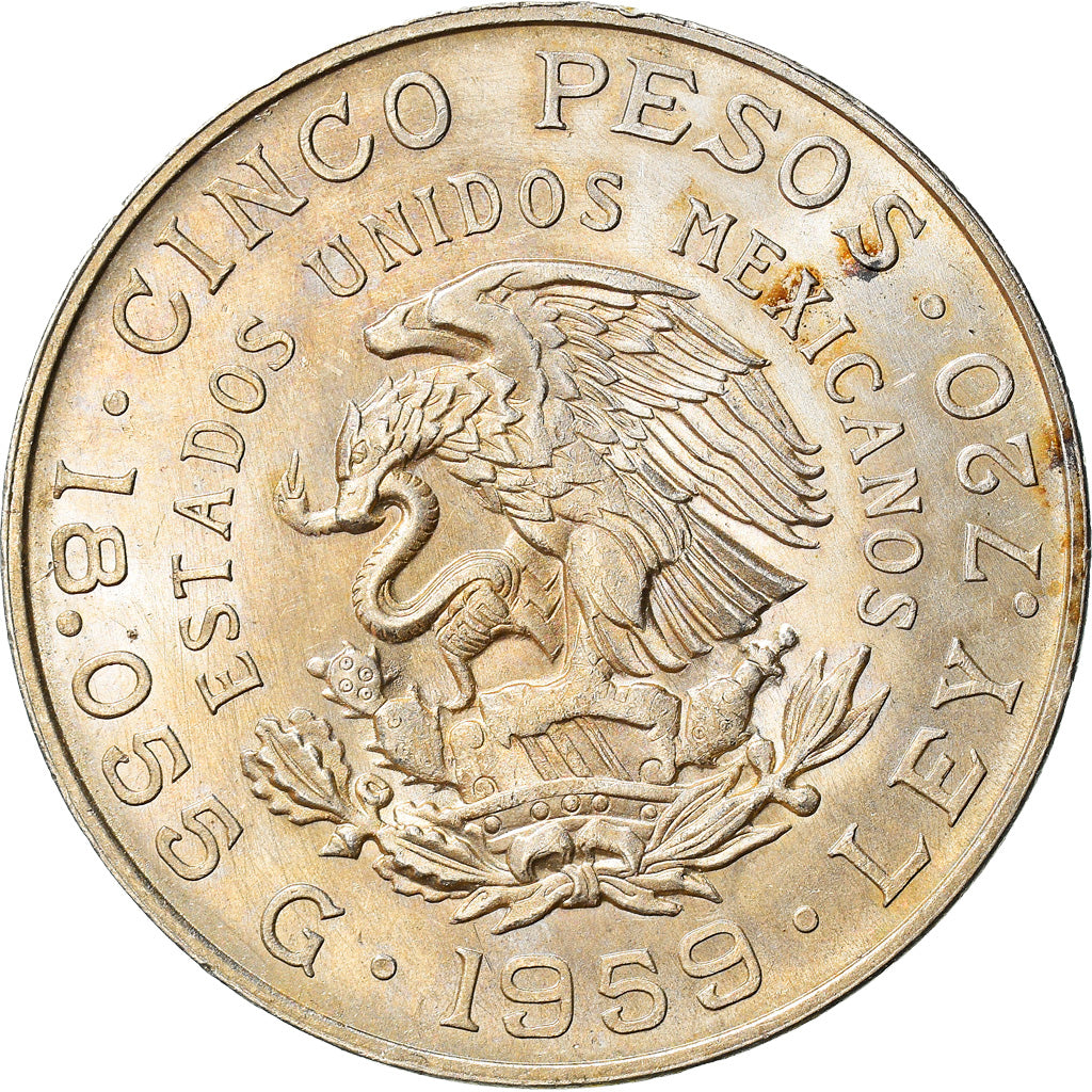 Coin, Mexico, 5 Pesos, 1959, Mexico City, AU(55-58), Silver, KM:471