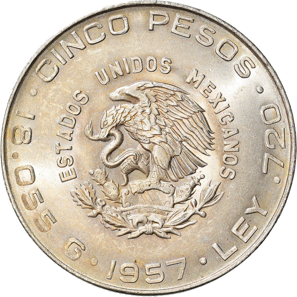 Coin, Mexico, 5 Pesos, 1957, Mexico City, AU(55-58), Silver, KM:469