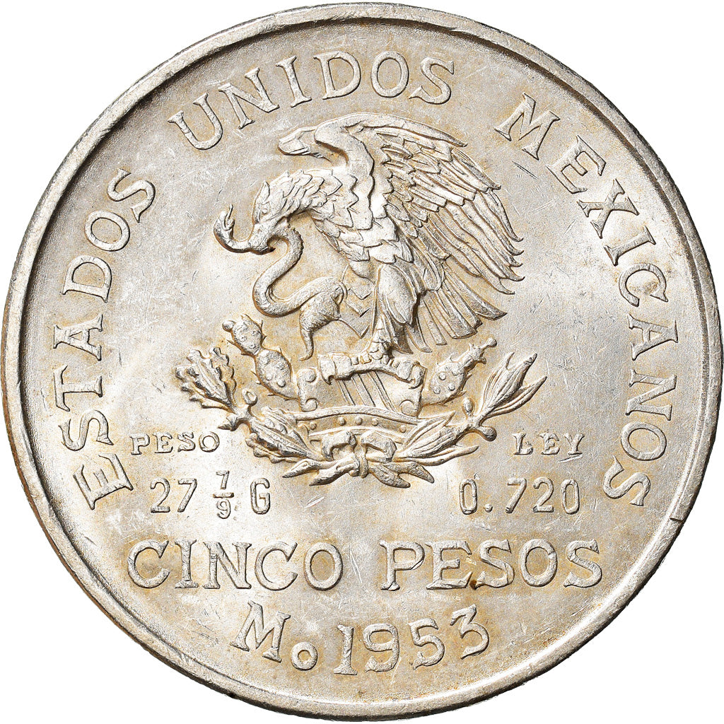 Moneta, Messico, 5 Pesos, 1953, Mexico City, SPL-, Argento, KM:468