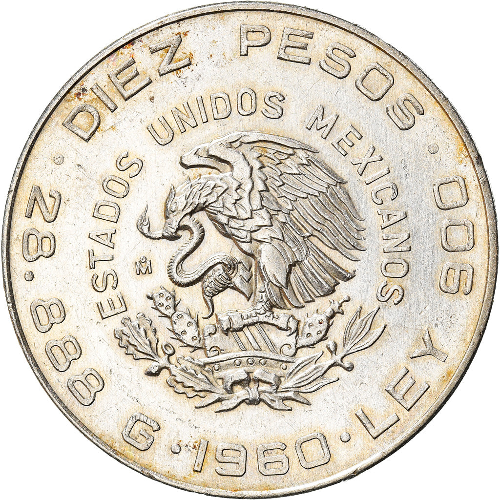 Moeda, México, 10 Pesos, 1960, Mexico City, AU(55-58), Prata, KM:476