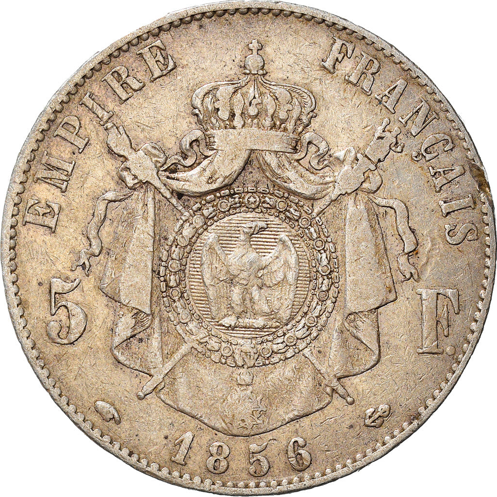 Moneda, Francia, Napoléon III, 5 Francs, 1856, Paris, BC+, Plata, KM:782.1