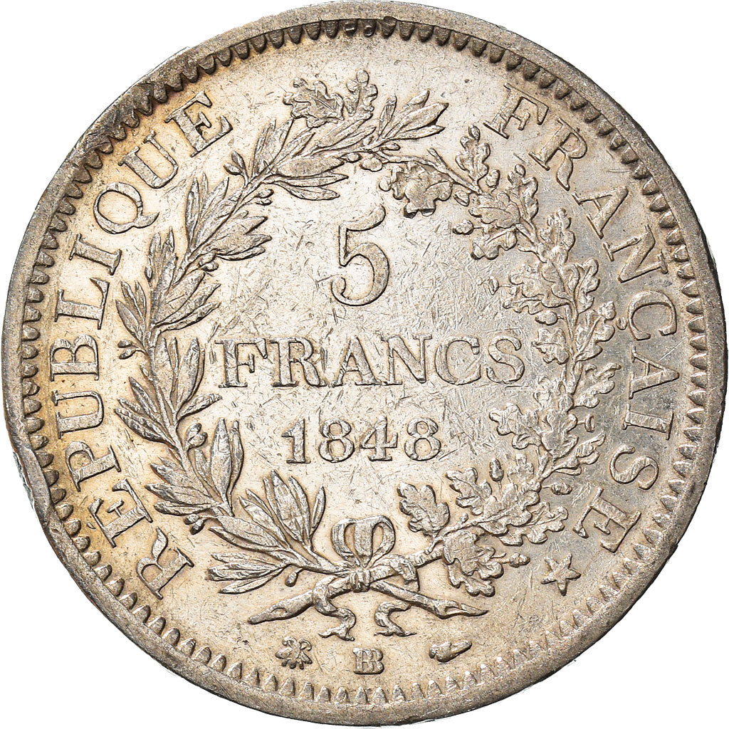 Münze, Frankreich, Hercule, 5 Francs, 1848, Strasbourg, S+, Silber, KM:756.2