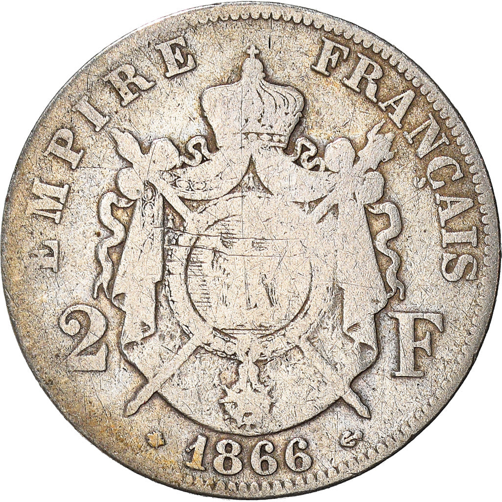 Moeda, França, Napoléon III, 2 Francs, 1866, Paris, F(12-15), Prata, KM:807.1