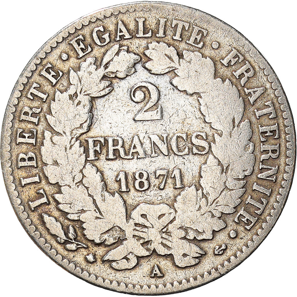 Coin, France, Cérès, 2 Francs, 1871, Paris, VF(20-25), Silver, KM:817.1