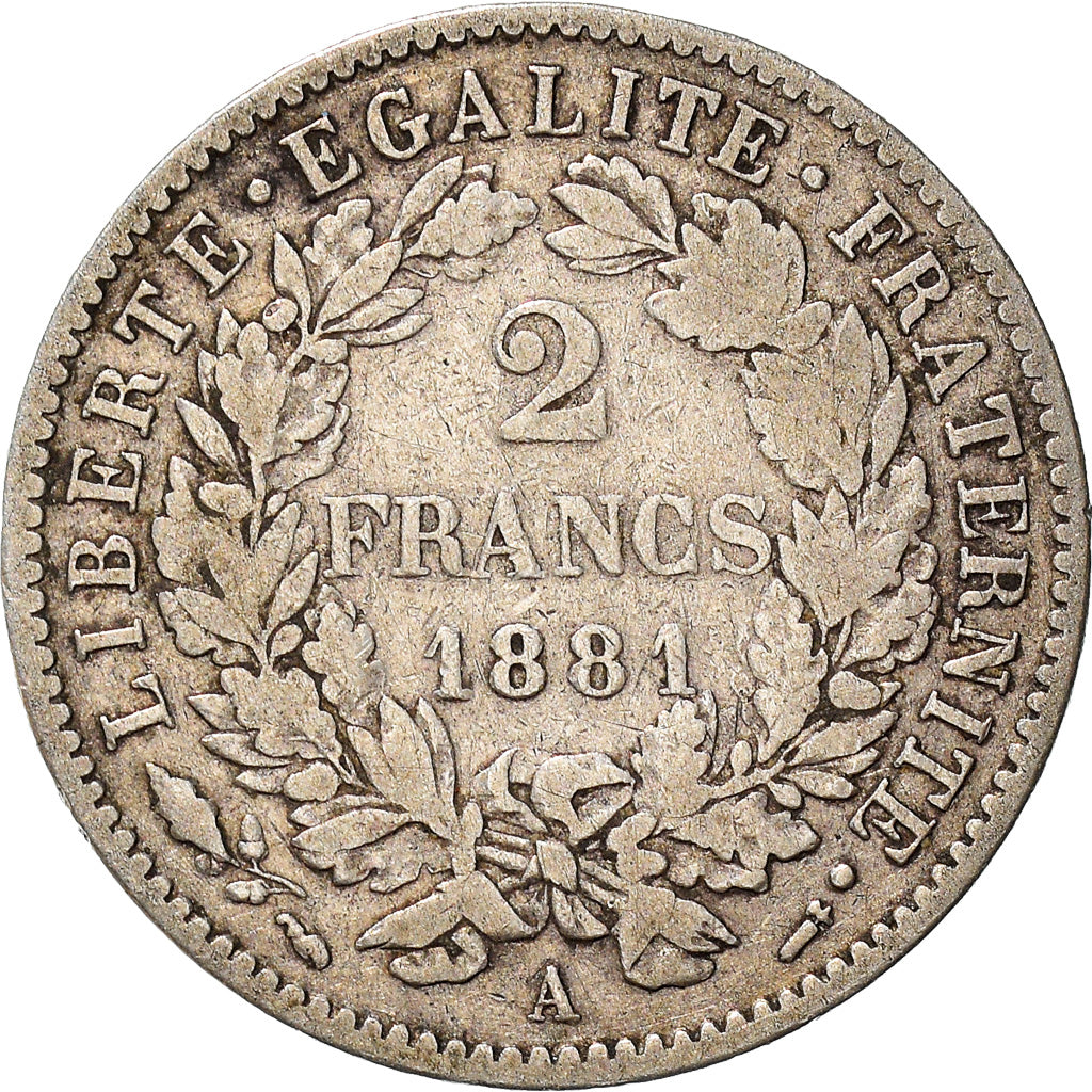 Coin, France, Cérès, 2 Francs, 1881, Paris, VF(30-35), Silver, KM:817.1