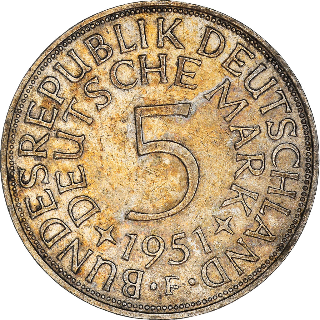 Coin, GERMANY - FEDERAL REPUBLIC, 5 Mark, 1951, Stuttgart, EF(40-45), Silver