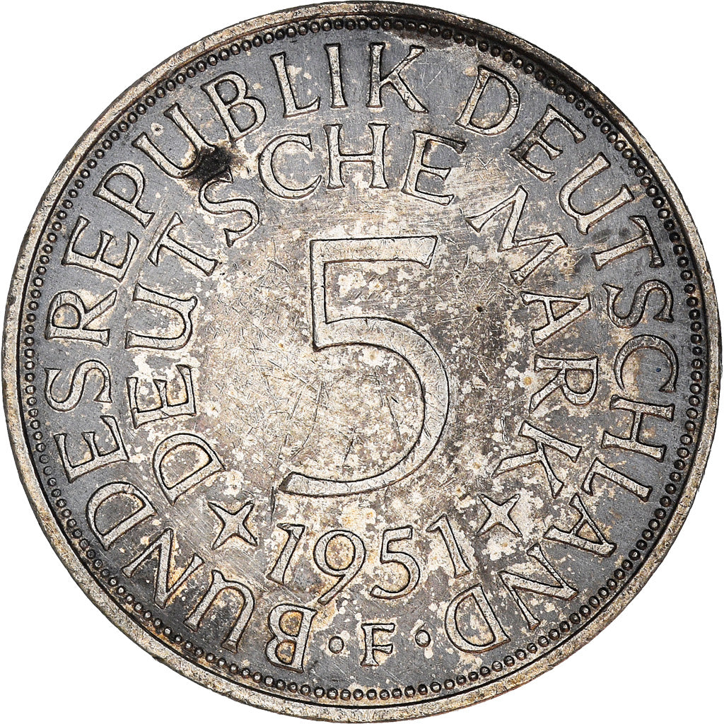Coin, GERMANY - FEDERAL REPUBLIC, 5 Mark, 1951, Stuttgart, EF(40-45), Silver