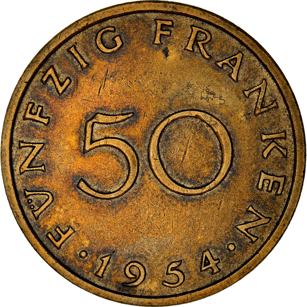 Coin, SAARLAND, 50 Franken, 1954, Paris, AU(50-53), Aluminum-Bronze, KM:3