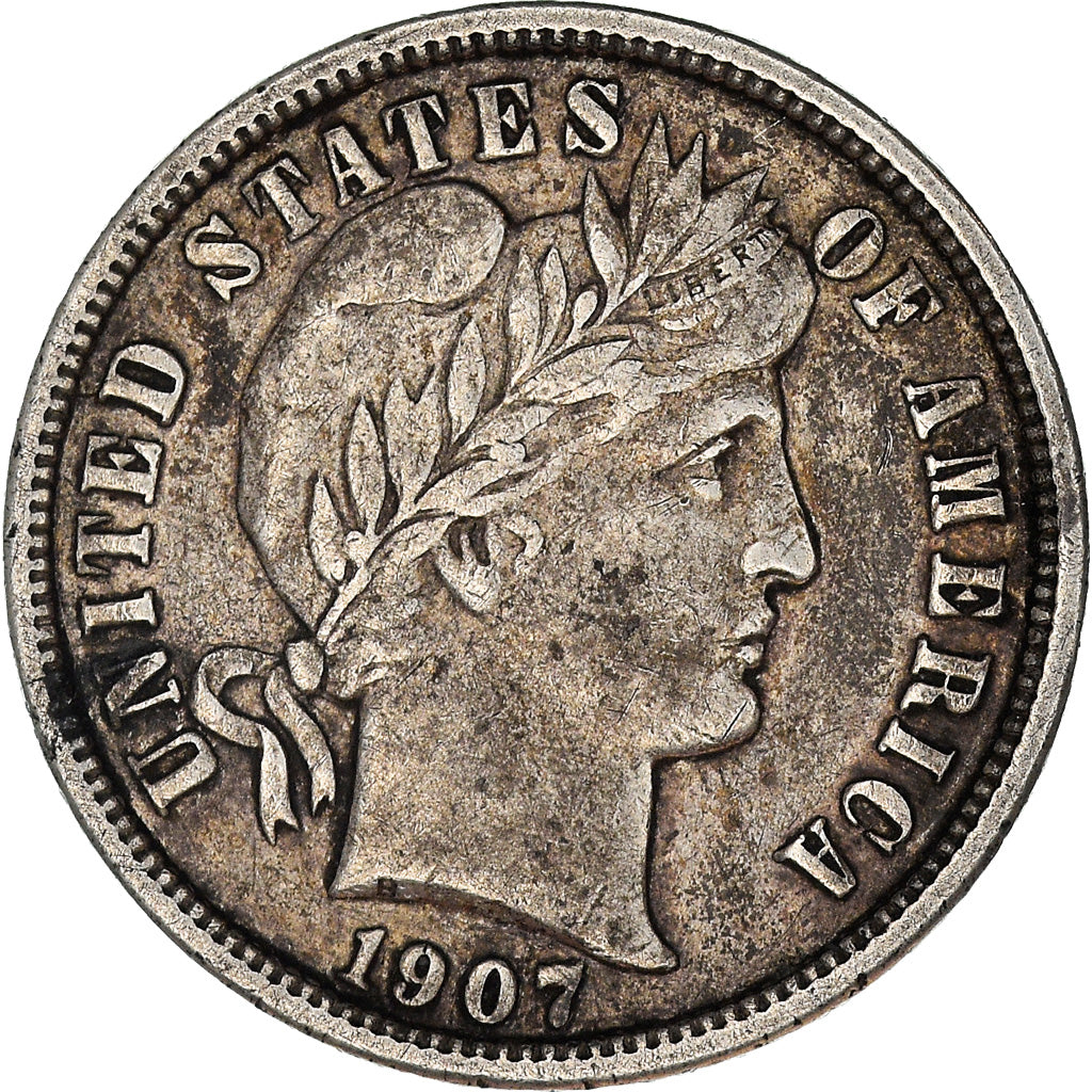 Moneta, USA, Barber Dime, 1907, Philadelphia, EF(40-45), Srebro, KM:113
