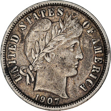 Moneta, USA, Barber Dime, 1907, Philadelphia, EF(40-45), Srebro, KM:113