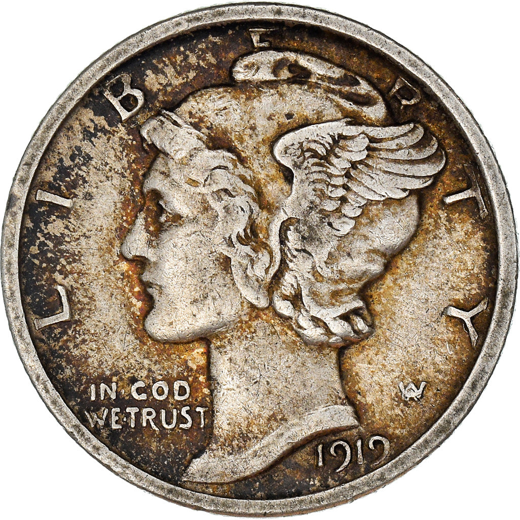 Coin, United States, Mercury Dime, Dime, 1919, Philadelphia, AU(50-53), Silver