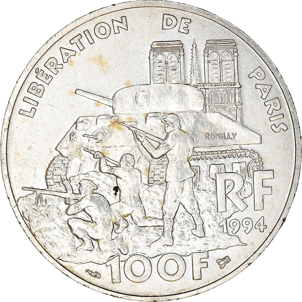 Moeda, França, Libération de Paris, 100 Francs, 1994, AU(55-58), Prata