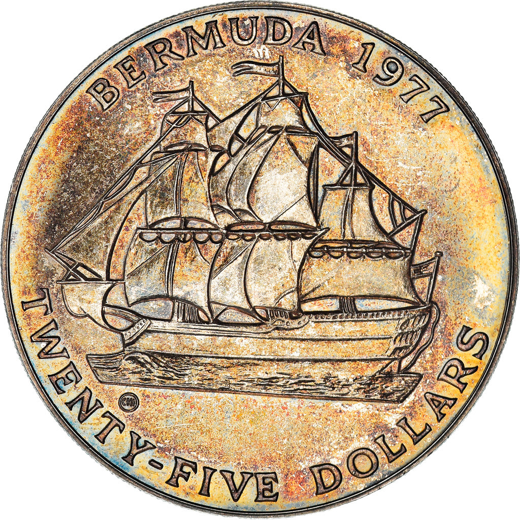 Coin, Bermuda, Elizabeth II, 25 Dollars, 1977, AU(55-58), Silver, KM:25