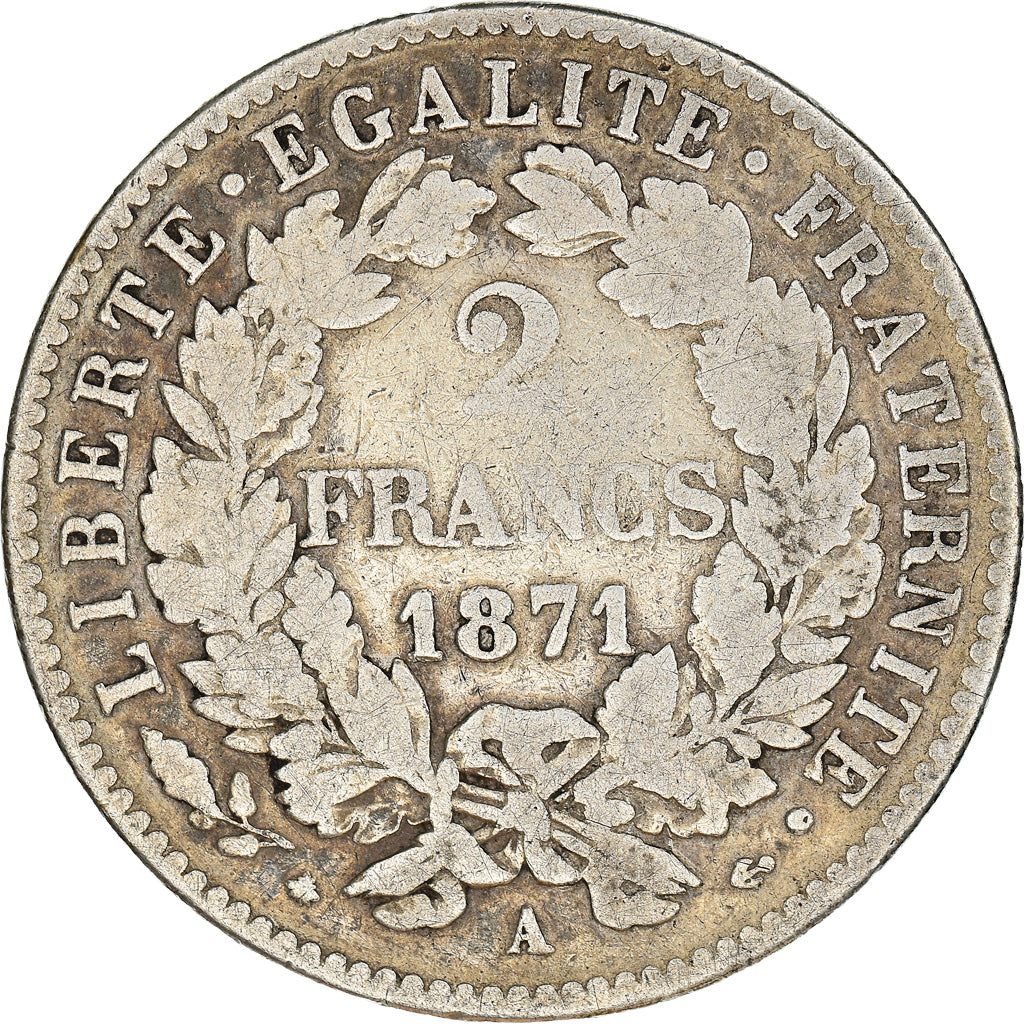 Monnaie, France, Cérès, 2 Francs, 1871, Paris, TB, Argent, Gadoury:530